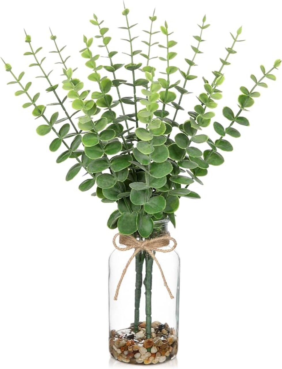 Artificial Eucalyptus Stems in Glass Vase with Faux Water and Stones, 15.7" Fake Plants Eucalyptus Leaves Branch for Indoor Shelf Desk Home Bathroom Wedding Table Centerpiece Decor